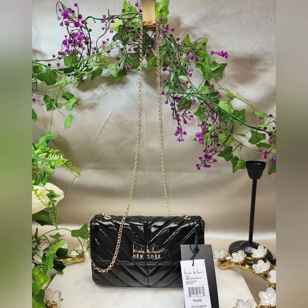 NWT Nicole Miller Black Quilted Crossbody Bag NEW YORK BLACK